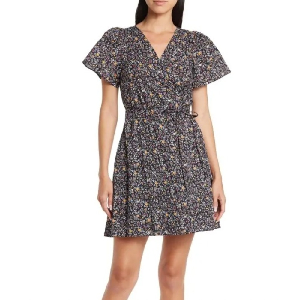 Madewell Wrap Dress Womens Medium Black Floral Excellent Short Sleeve Cotton